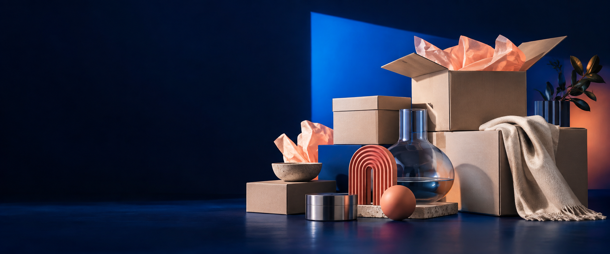 A curated arrangement of packages and modern retail objects